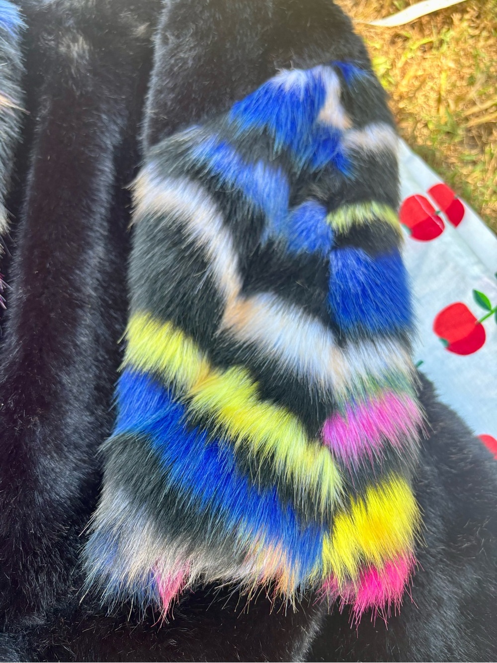 Urbancode London Black Faux Fur Statement Coat Rainbow Neon Trim Size UK 10/US 6